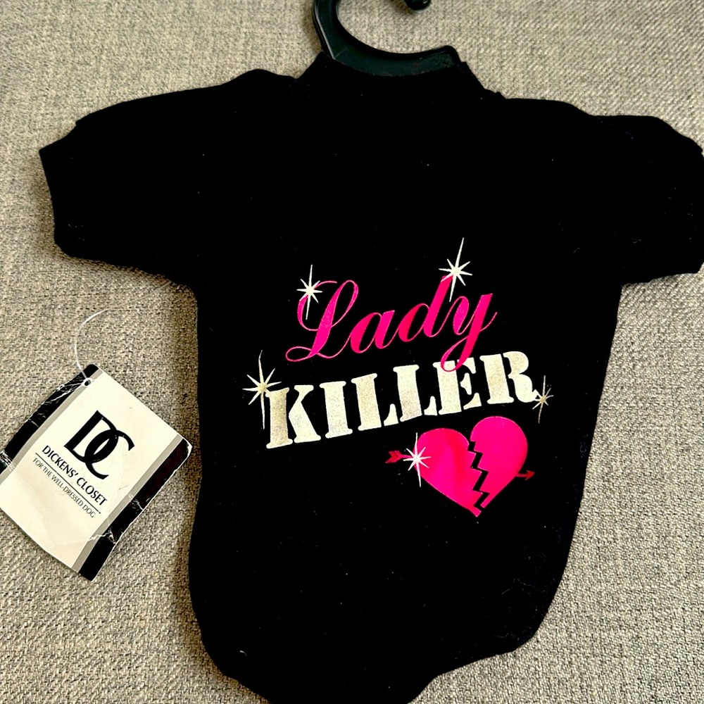 Dog shirt Lady Killer glitter writing tee shirt size small dickens closet